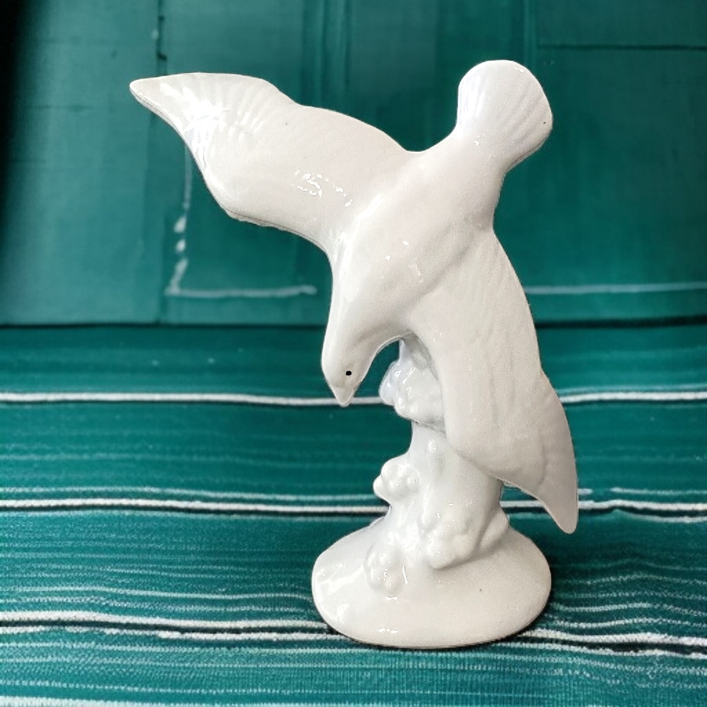Vintage Seagull Porcelain Figure All White Diving Into Wave Figurine Beach House